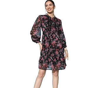 ishin Womens Chiffon Black Lurex Embellished A-Line