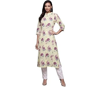 ishin Womens Cotton Cream Embellished A-Line Kurta