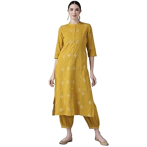 ishin Womens Cotton Mustard Yellow Embroidered A-Line