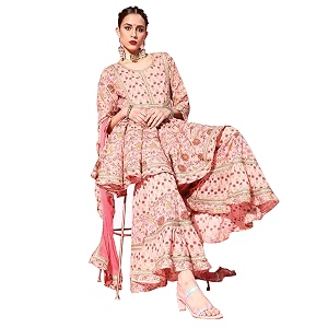 ishin Womens Cotton Peach Embroidered Anarkali Peplum