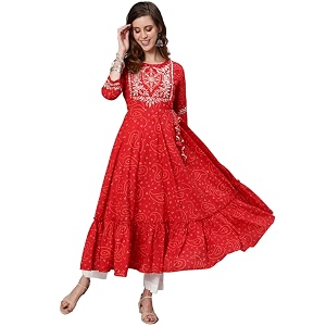 ishin Womens Cotton Red Yoke Design Embroidered