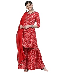 ishin Womens Cotton Red Bandhani Jewel Neck