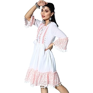 ishin Womens Cotton Embroidered A-Line Knee Length