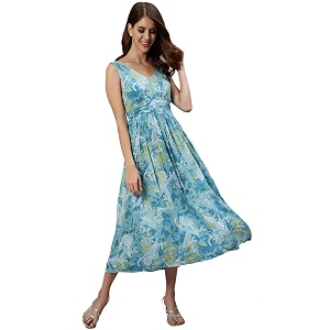Ishin Womens Midi Georgette Printed Bohemian Blue