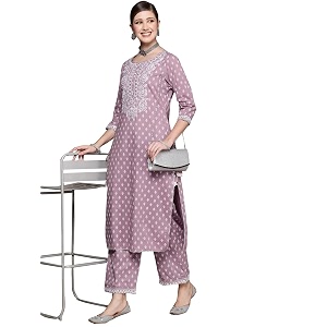 ishin Womens Purple Embellished A-Line Kurta Set