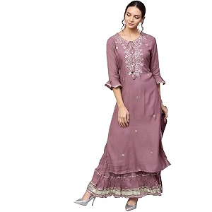 ishin Womens Rayon Burgundy Embellished A-Line Kurta
