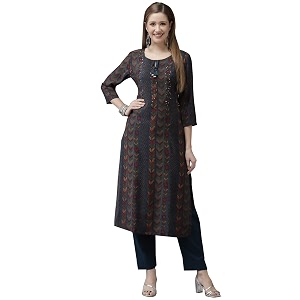 ishin Womens Rayon Burgundy Embellished A-Line Kurta