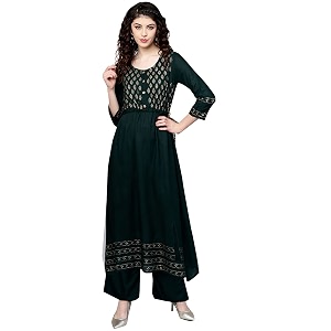 ishin Womens Rayon Green Printed Anarkali Kurta