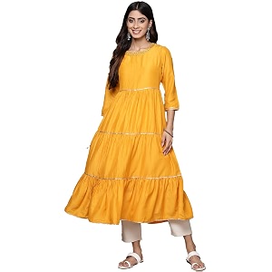 ishin Womens Silk Embellished Yellow Anarkali Kurta