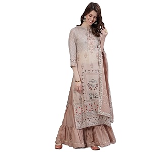 ishin Womens Silk Peach Zari Embroidered A-Line