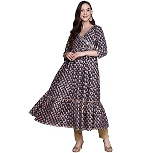ishin Womens Cotton Navy Blue Embellished Foil