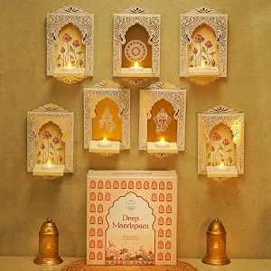 island rangoli deep mandapam shwet set of 12 with led candles amp golden cards royal jharokha wall amp home decor for diwali decoration  festive decor  easy wall decor  staircase wall decor dms-12