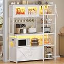 Itaar Bakers Rack with Power Outlet and LED Light, 45.3 Inch Farmhouse Coffee Bar Cabinet, Kitchen Microwave Stand with Storage, Glass Cabinet, Goblet Holder and 8 Hooks (White)