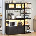 Itaar Bakers Rack with Power Outlet and LED Light, 45.3 Inch Farmhouse Coffee Bar Cabinet, Kitchen Microwave Stand with Storage, Glass Cabinet, Goblet Holder and 8 Hooks, Black
