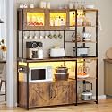 Itaar Bakers Rack with Power Outlet and LED Light, 45.3 Inch Farmhouse Coffee Bar Cabinet, Kitchen Microwave Stand with Storage, Glass Cabinet, Goblet Holder and 8 Hooks (Rustic Brown)
