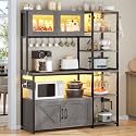 Itaar Bakers Rack with Power Outlet and LED Light, 45.3 Inch Farmhouse Coffee Bar Cabinet, Kitchen Microwave Stand with Storage, Glass Cabinet, Goblet Holder and 8 Hooks (Grey)