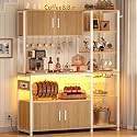 Itaar Fluted Bakers Rack with Storage and LED Light, 45.3 Inch Coffee Bar Cabinet, Microwave Stand with Storage, Goblet Holder and 8 Hooks for Kitchen, Living Room, Oak
