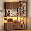 Itaar Fluted Bakers Rack with Storage and LED Light, 45.3 Inch Coffee Bar Cabinet, Microwave Stand with Storage, Goblet Holder and 8 Hooks for Kitchen, Living Room