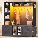Itaar Hall Tree with Bench and Shoe Storage, 59.1" Farmhouse Entryway Bench with Coat Rack, Shoe Cabinet with Flip Drawers, 12 Shelves, 9 Coat Hooks, Storage Bag, Led Lights, Black