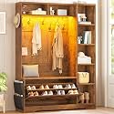 Itaar Hall Tree with Bench and Shoe Storage, Farmhouse Entryway Bench with Coat Rack, Shoe Cabinet with Flip Drawers, 7 Shelves, 10 Coat Hooks, Storage Bag, Led Lights, Rustic Brown