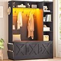Itaar Hall Tree with Bench and Shoe Storage, Farmhouse Entryway Bench with Coat Rack, Shoe Cabinet with Adjustable Shelves, 6 Storage Cubbies, 10 Coat Hooks, Storage Bag, Led Lights, Black