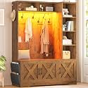Itaar Hall Tree with Bench and Shoe Storage, Farmhouse Entryway Bench with Coat Rack, Shoe Cabinet with Adjustable Shelves, 6 Storage Cubbies, 10 Coat Hooks, Storage Bag, Led Lights, Rustic Brown