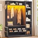 Itaar Hall Tree with Bench and Shoe Storage, Farmhouse Entryway Bench with Coat Rack, Shoe Cabinet with Flip Drawers, 7 Shelves, 10 Coat Hooks, Storage Bag, Led Lights, Black