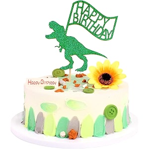 1 pack dinosaur happy birthday cake topper green glitter dino jungle t-rex cake pick baby shower kids birthday party cake decorations supplies trex happy birthday