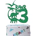 3 Year Old Dinosaur Glitter Cake Topper, Dinosaur Theme Happy Birthday Cake Decorations, Birthday Party Decorations Kids Party (Rawr 3)