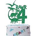 4 Year Old Dinosaur Glitter Cake Topper, Dinosaur Theme Happy Birthday Cake Decorations, Birthday Party Decorations Kids Party (Rawr 4)