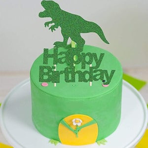 dinosaur cake topper green glitter t-rex happy birthday party cake decor dino jungle jurassic dinosaur themed 1st 2nd 3rd 4th birthday party cake supplies happy birthday dino rex