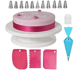 decorating supplies cake making revolving turntable decorating nozzles with silicone icing bag and 3 icing scraper combo set multicolor -12 piece