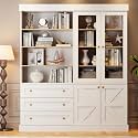 ivaniti 71" Farmhouse Bookcase with Glass Doors &amp; Drawers, Tall Wooden Storage Cabinet with Adjustable Shelves for Living Room, Kitchen, Home Office, Dining Room – Rustic White, Set of 2