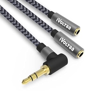 ivoltaa 35mm metal braided aux auxiliary to 2x female aux audio splitter cable for tablet - 082 feet 25 cms - space grey