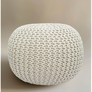 ivory  cotton craft - hand knitted cable style dori pouf - ivory - floor ottoman - 100 cotton braid cord - handmade amp hand stitched - truly one of a kind seating 