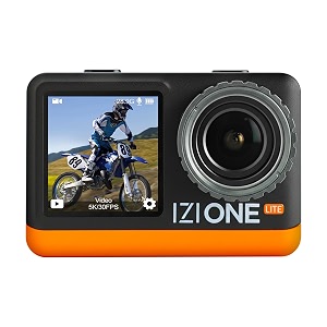 izi one lite 5k action camera 4k 60fps 50mp ultra hd dual screen eis stabilization  170 wide angle  30m waterproof  2 batteries 180 min  18 accessories  256gb support  vloging sport  240g