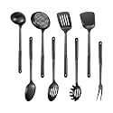 Izurok Kitchen Utensil Set, 8-Piece Cooking Utensil Set,Include 304 Stainless Steel Spatula Skimmer, Soup Ladle, Spaghetti Server,Slotted &amp; Solid Spoon, Slotted Spatula Turner, Meat Fork(Black）