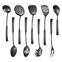 Izurok Kitchen Utensil Set, 9-Piece Cooking Utensil Set,Include 304 Stainless Steel Spatula Skimmer, Soup Ladle, Spaghetti Server,Slotted &amp; Solid Spoon, Slotted Spatula Turner, Meat Fork(Black）