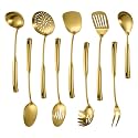 Izurok Kitchen Utensil Set, 9-Piece Cooking Utensil Set,Include 304 Stainless Steel Spatula Skimmer, Soup Ladle, Spaghetti Server,Slotted & Solid Spoon, Slotted Spatula Turner, Meat Fork(Gold）