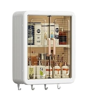 j-bizz wall-mounted bathroom storage rack with transparent door waterproof and dustproof white with hooks
