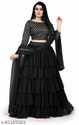 J S CREATION Self Design Semi Stitched Lehenga & Crop Top (Black)