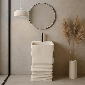 round pedestal wash basin acrylic resin and quartz free standing round basin for bathroomhotelhomerestaurant 86 x 40 cm beige jpds1014