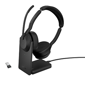 jabra evolve2 55 stereo wireless headset - charging stand aircomfort technology noise-cancelling mics amp active noise cancellation - works with uc platforms such as zoom amp google meet - black