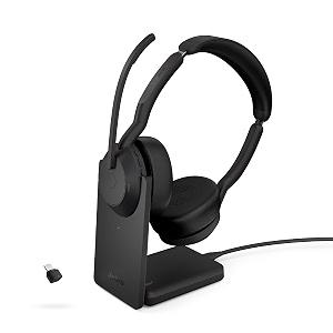 jabra evolve2 55 stereo wireless headset - charging stand aircomfort technology noise-cancelling mics amp active noise cancellation - works with uc platforms such as zoom amp google meet - black