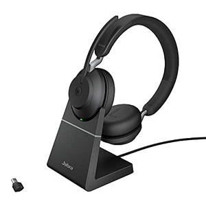 jabra evolve2 65 wireless pc headset with charging stand - noise cancelling microsoft teams certified stereo headphones with long-lasting battery - usb-c bluetooth adapter - black