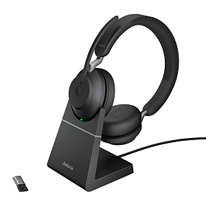jabra evolve2 65 wireless pc headset with charging stand  noise cancelling uc certified stereo headphones with long-lasting battery  usb-a bluetooth adapter  black