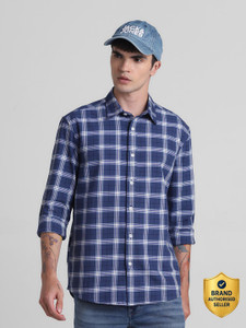 jack  jones men checkered casual blue white black shirt