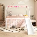 Jack Metal Junior House Twin Loft Bed with Slide and Curtain Set, White with Pink