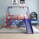 Jack Metal Junior Twin Loft Bed with Slide & Curtain Set - Superhero Red/Blue