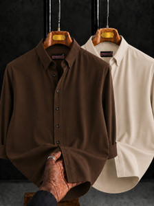 JACKBELLA Men Solid Casual Brown Beige Shirt